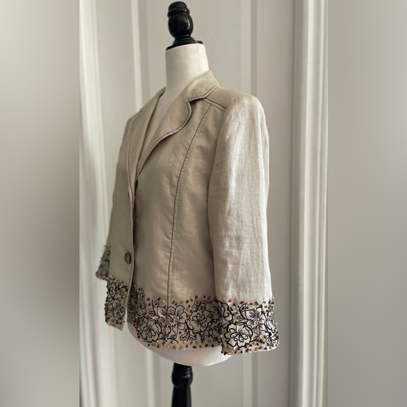 💯% Linen Silver Thread Embroidered Wood Beaded Blazer - 10 - Picture 3 of 13